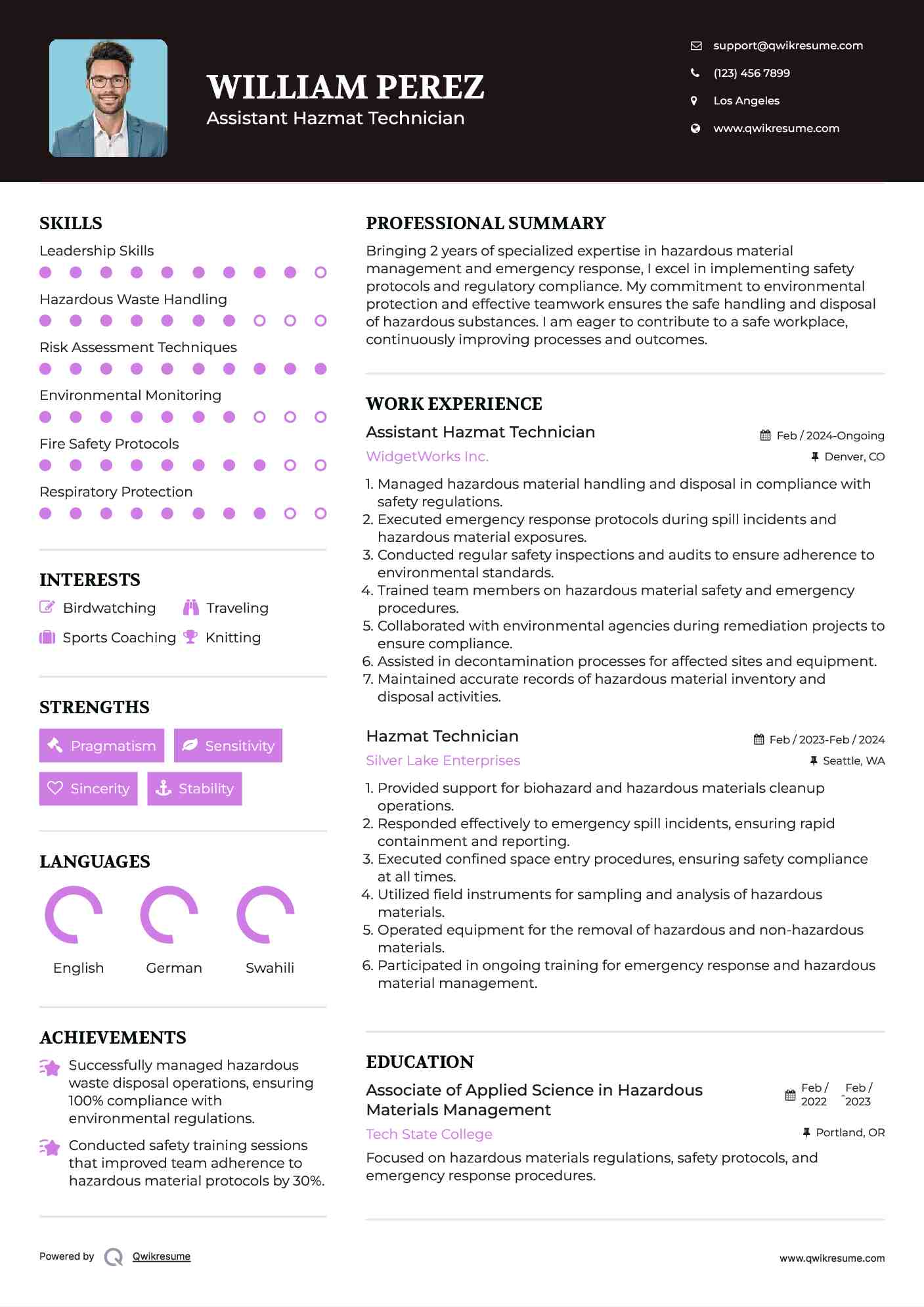 Assistant Hazmat Technician  Resume Example