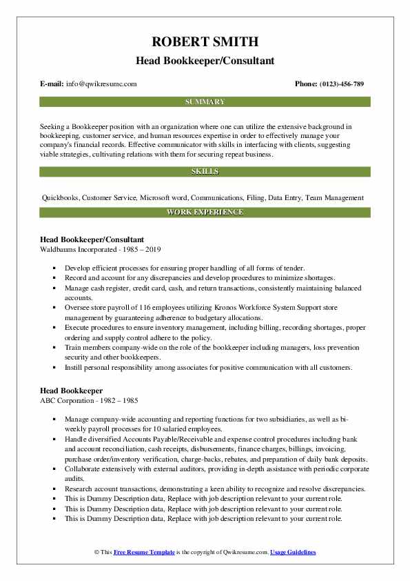 Head Bookkeeper Resume Samples QwikResume