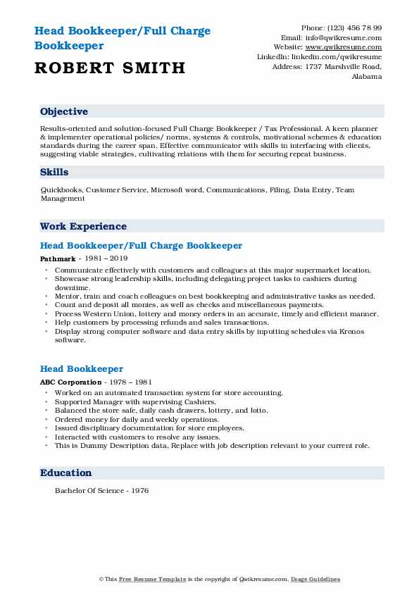 Head Bookkeeper Resume Samples QwikResume