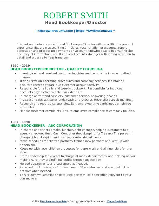 Head Bookkeeper Resume Samples QwikResume