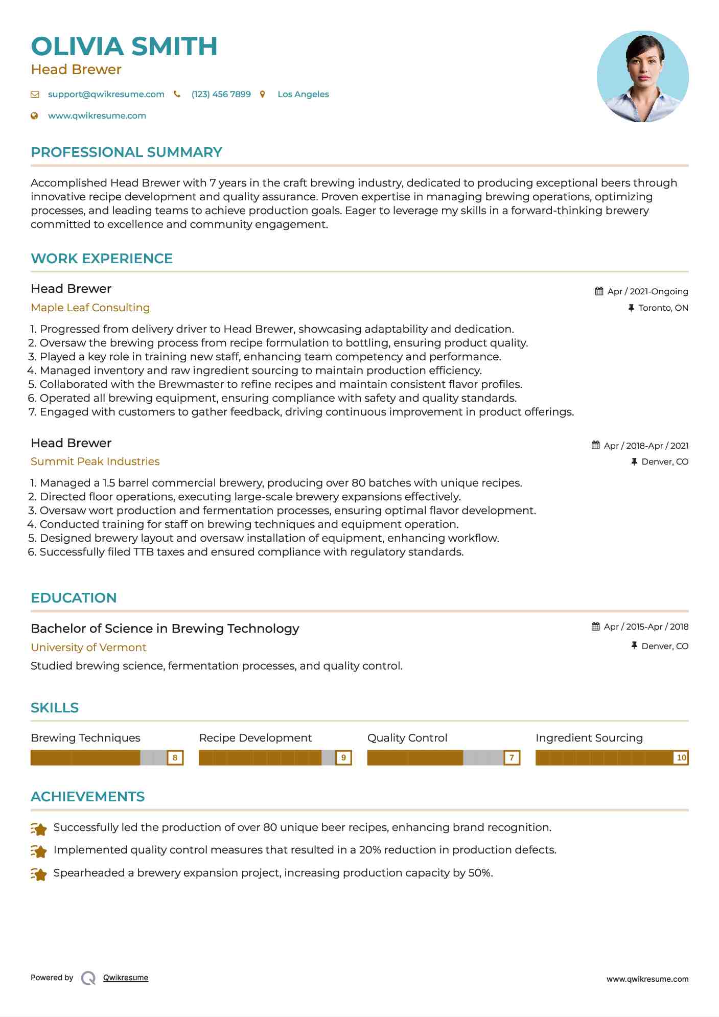 Head Brewer Resume Format