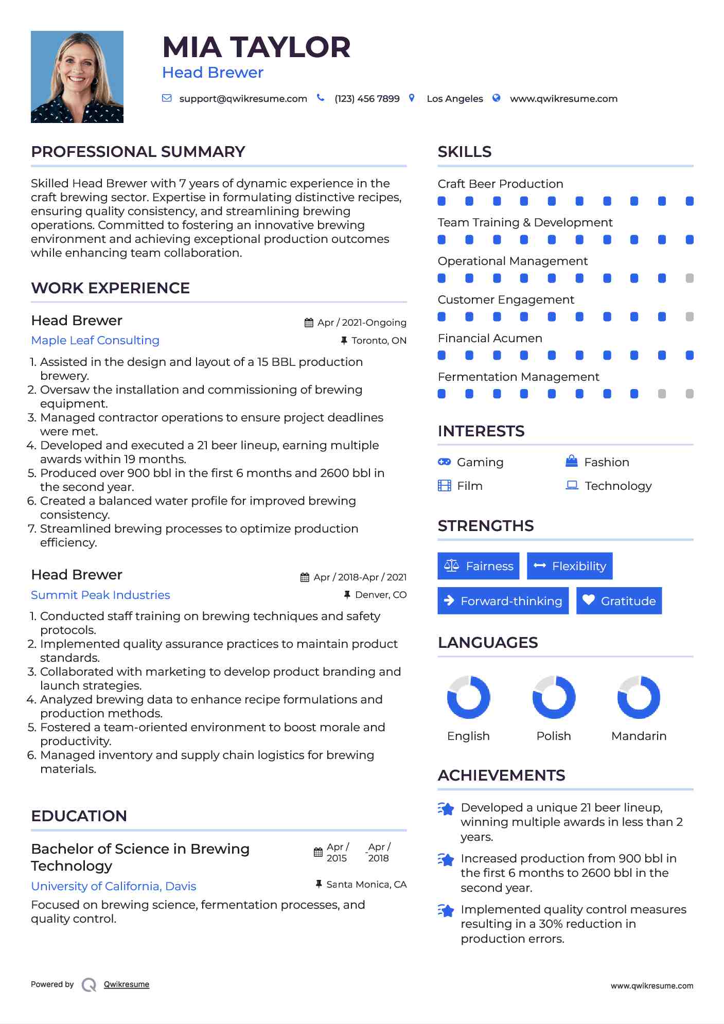 Head Brewer Resume Example