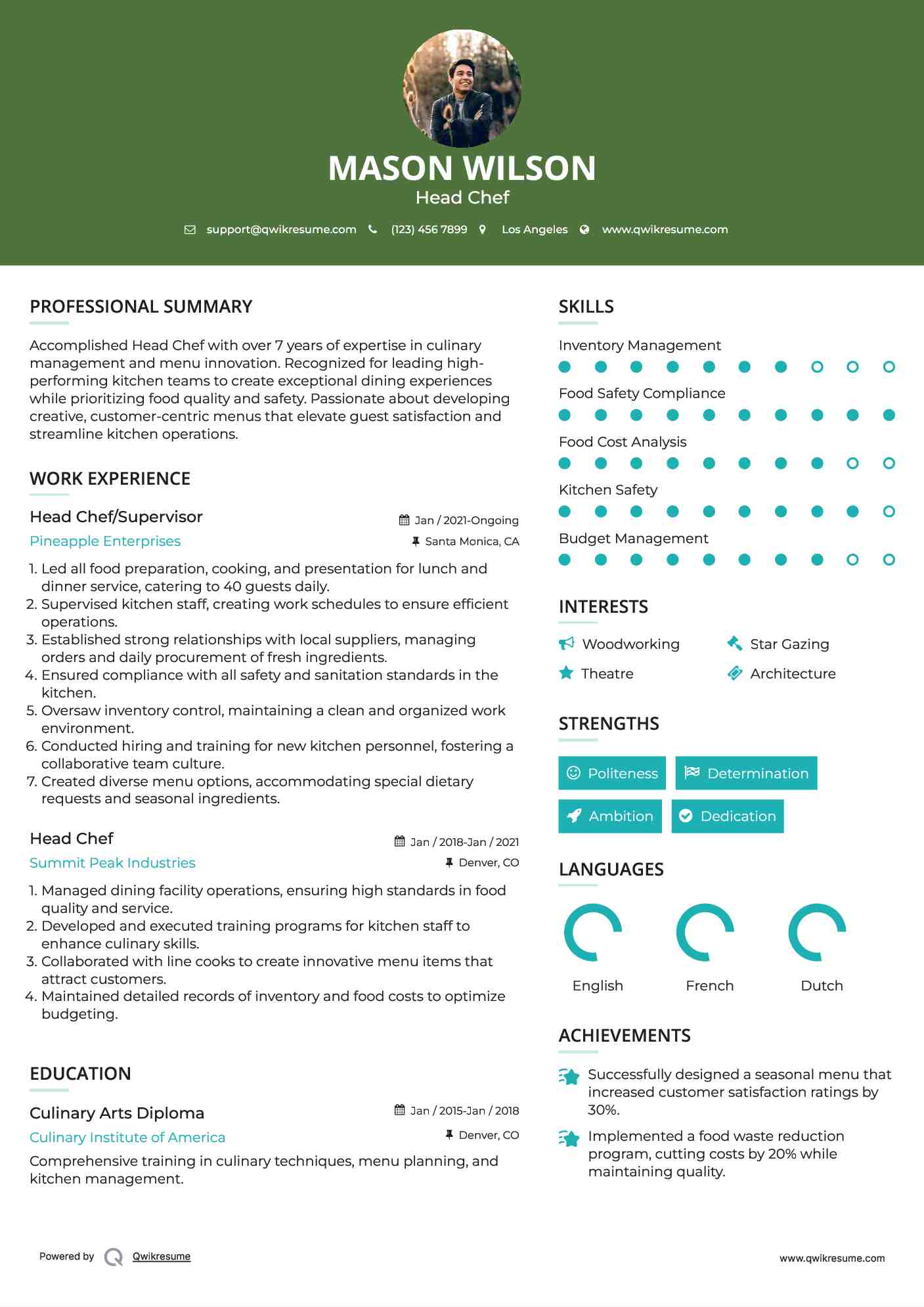 Head Chef/Supervisor Resume Template