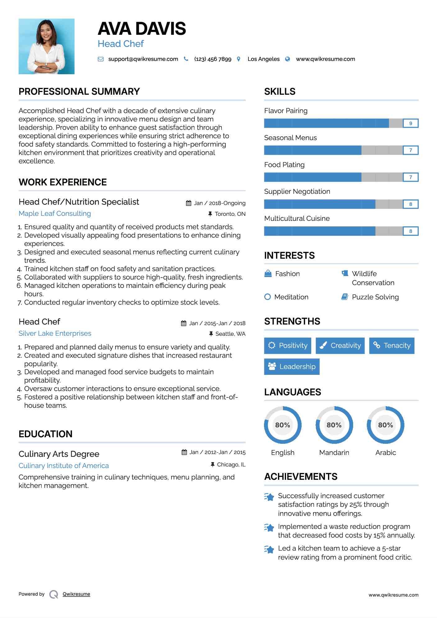 Head Chef/Nutrition Specialist Resume Sample