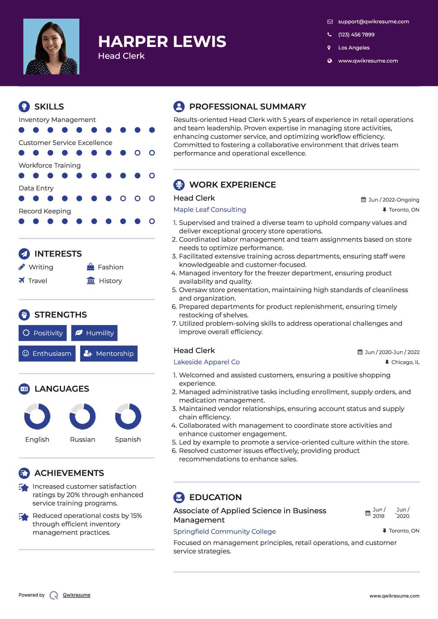 Head Clerk Resume Format