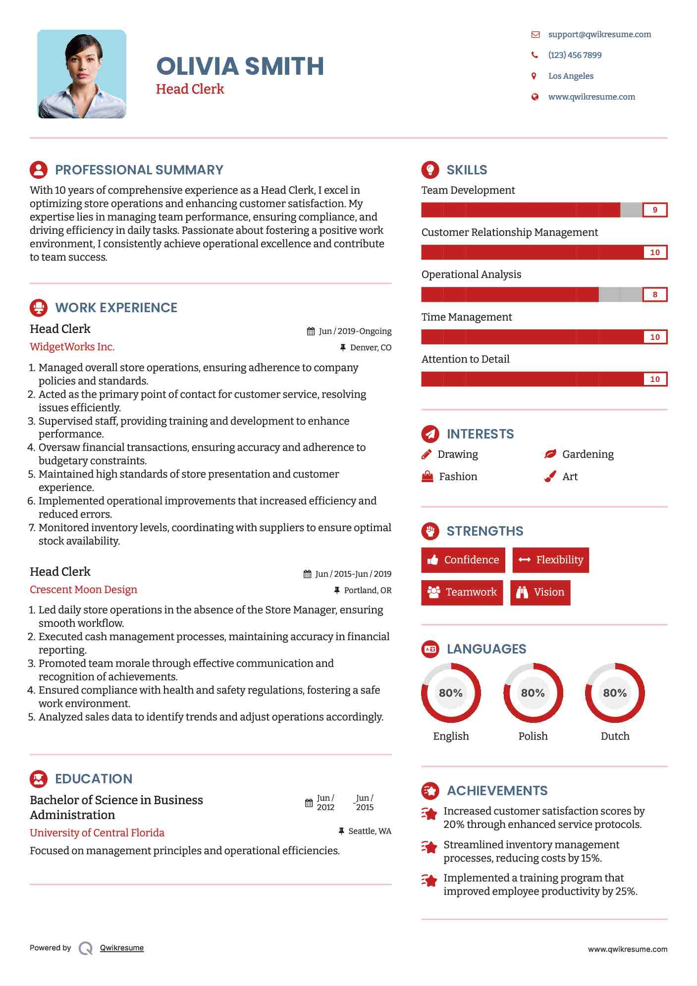 Head Clerk Resume Template