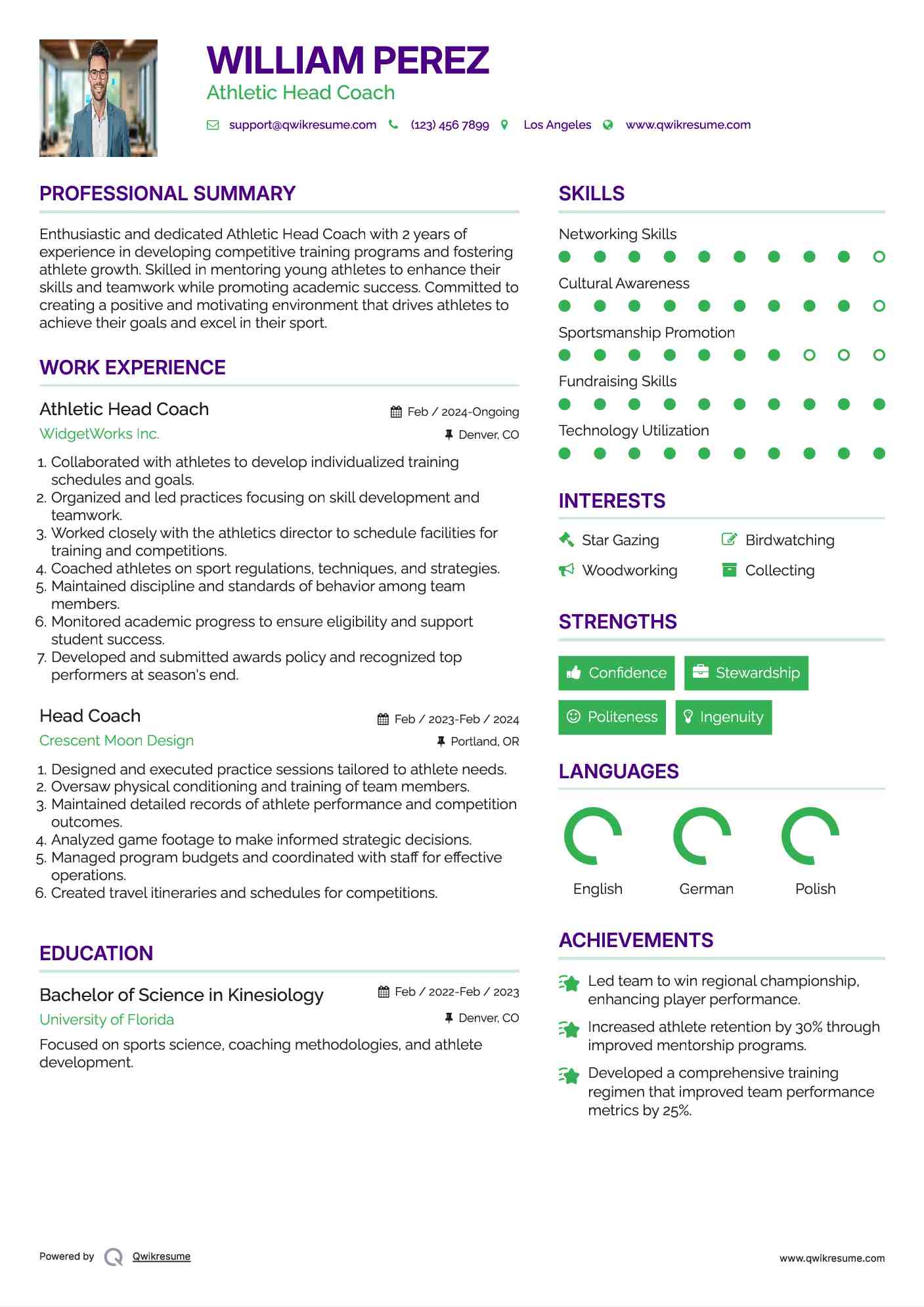 Athletic Head Coach
 Resume Example