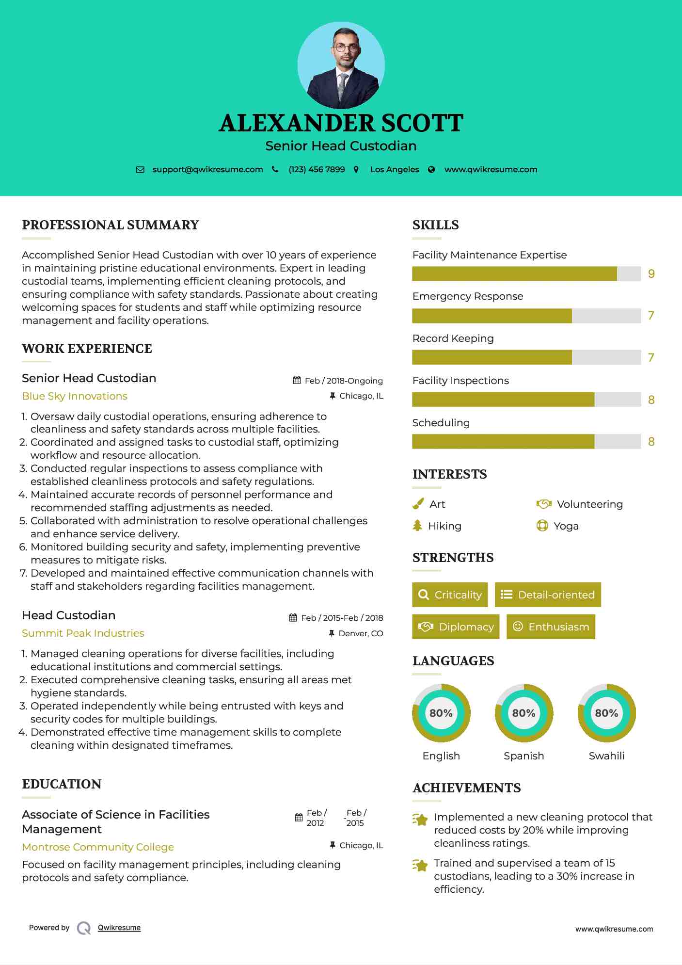 Senior Head Custodian Resume Model