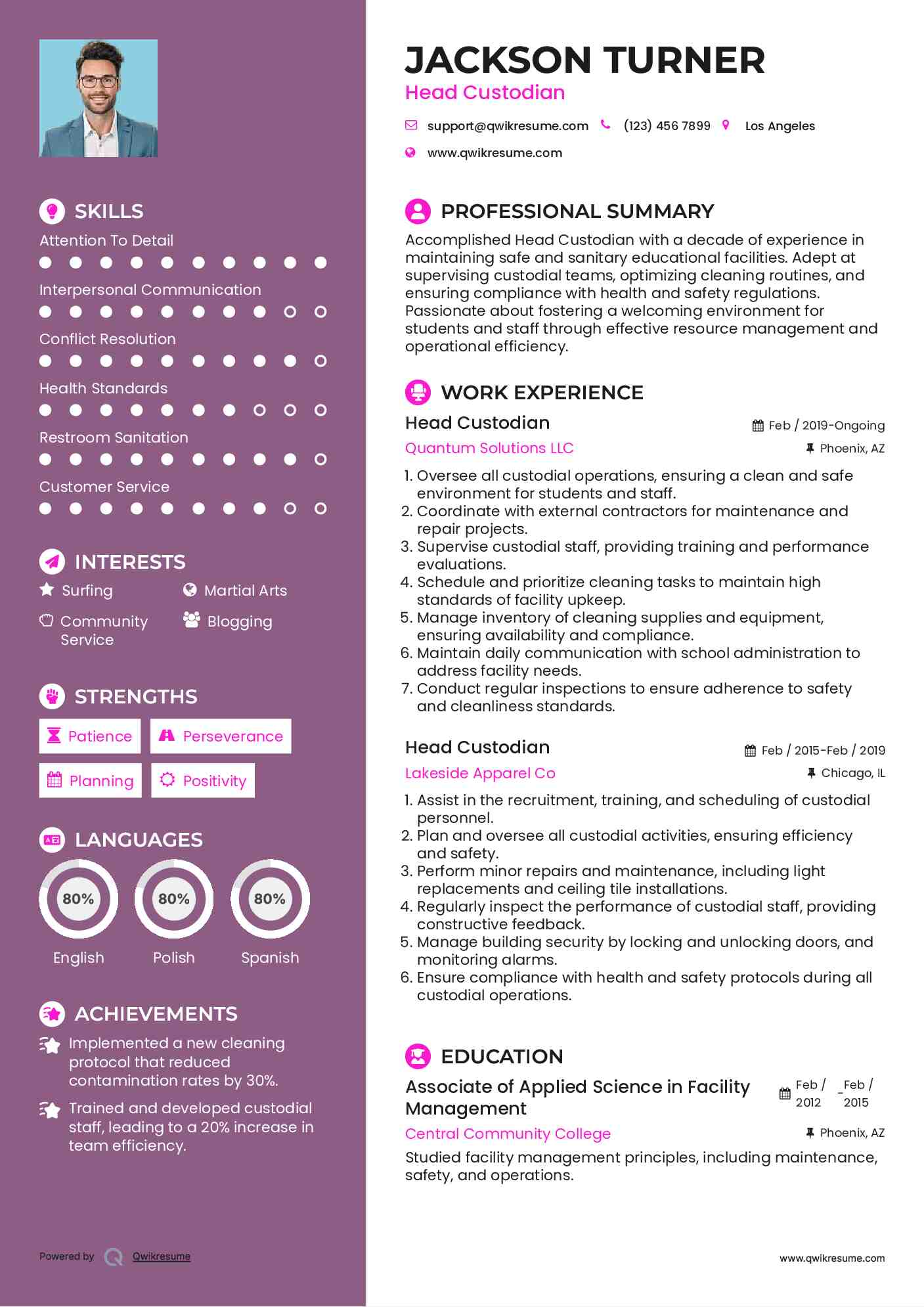 Head Custodian Resume Example