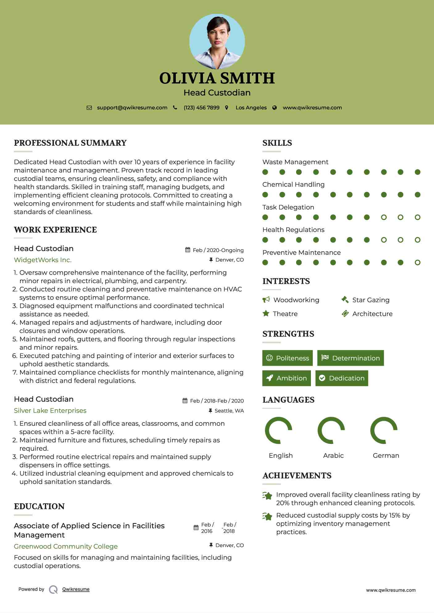 Head Custodian Resume Model