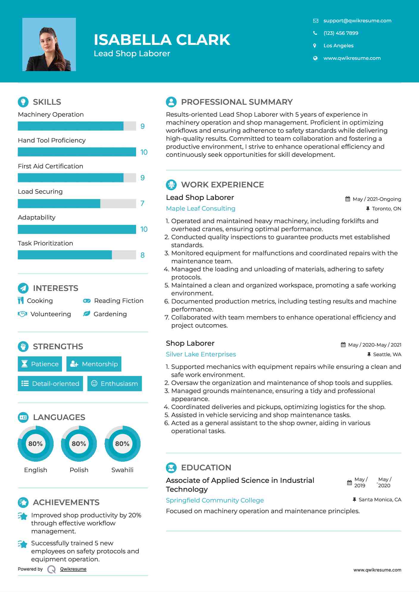 Lead Shop Laborer Resume Example