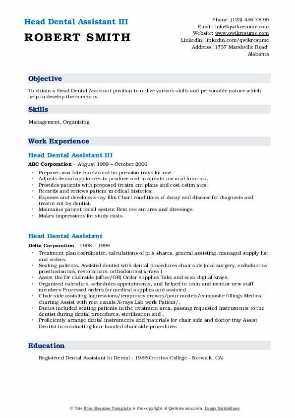 Head Dental Assistant Resume Samples QwikResume