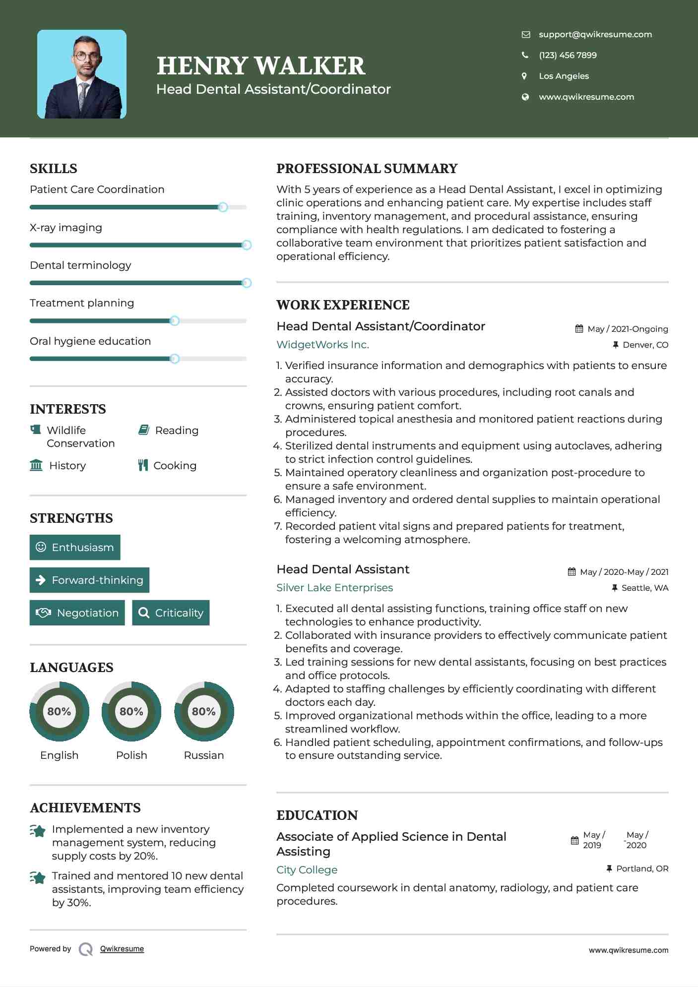 Head Dental Assistant Resume Samples QwikResume