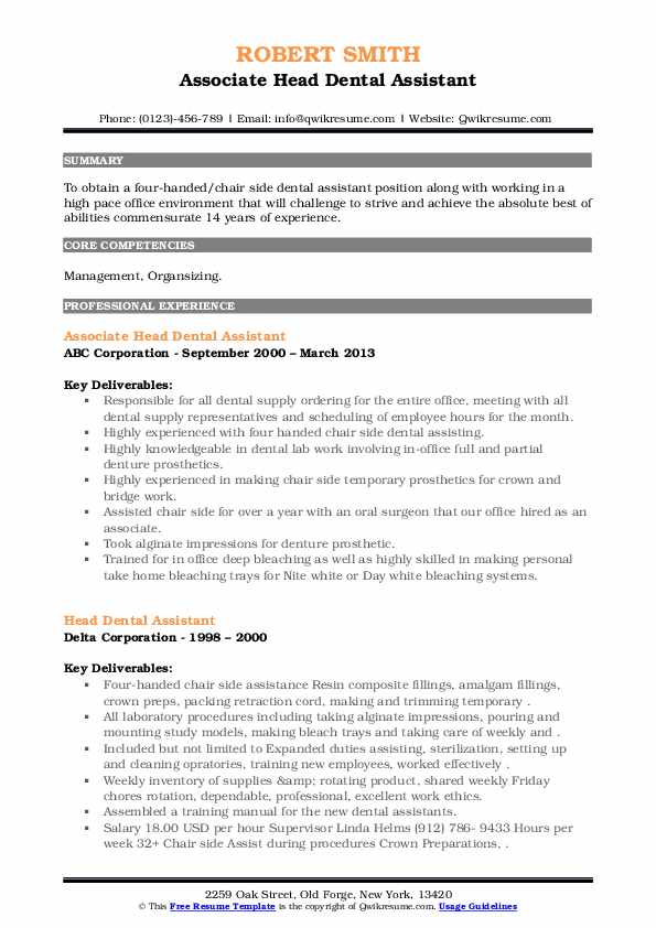 Head Dental Assistant Resume Samples QwikResume