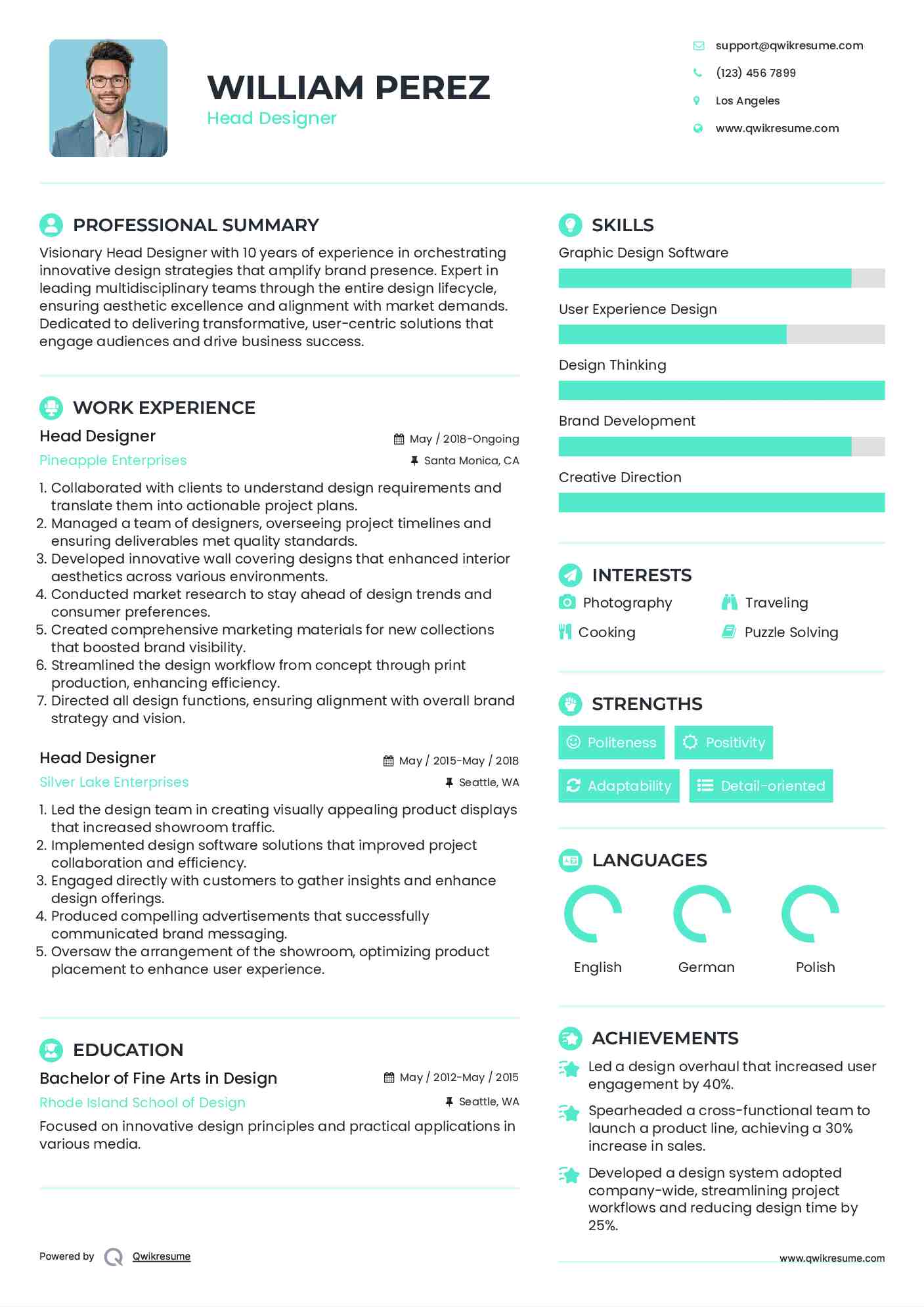 Head Designer Resume Example