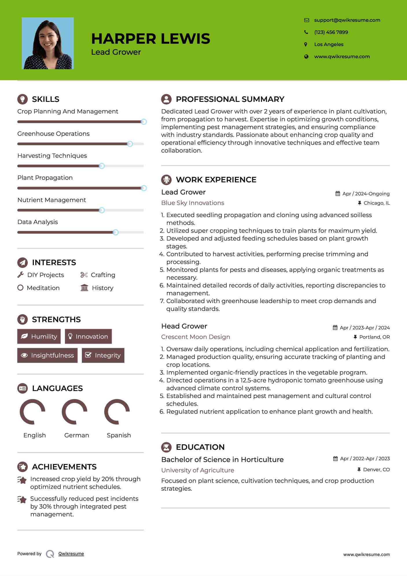 Lead Grower Resume Sample