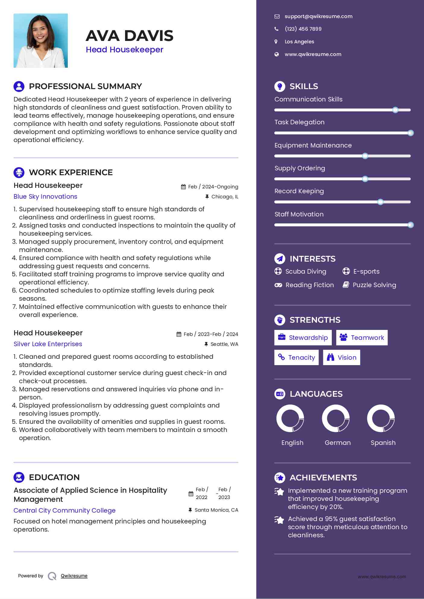 Head Housekeeper Resume Samples QwikResume