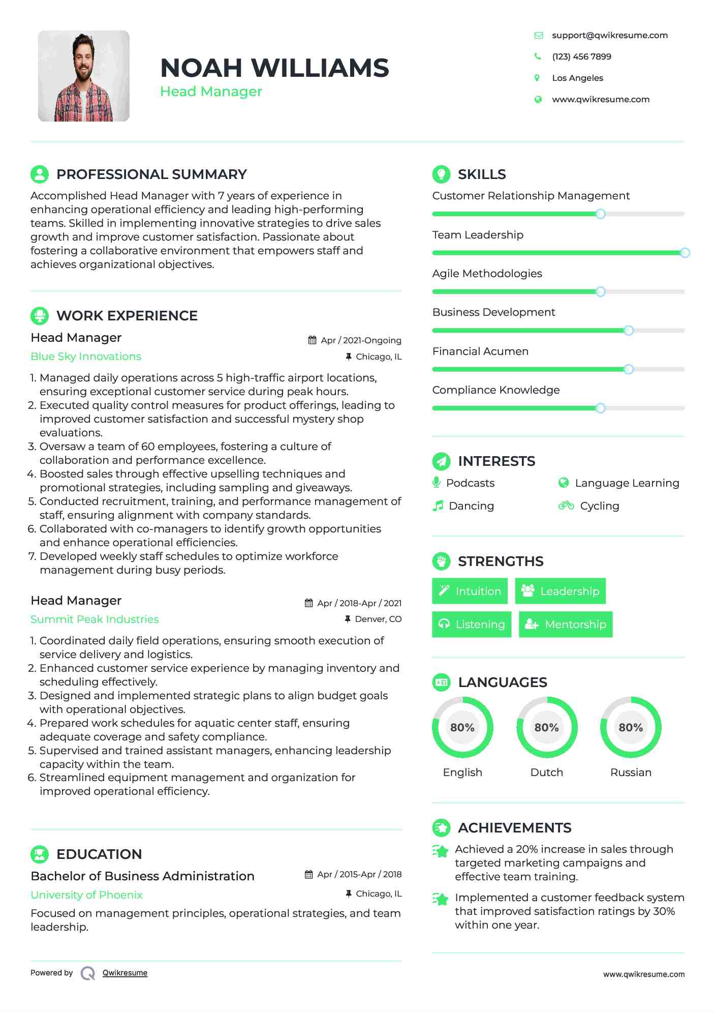 Head Manager Resume Example