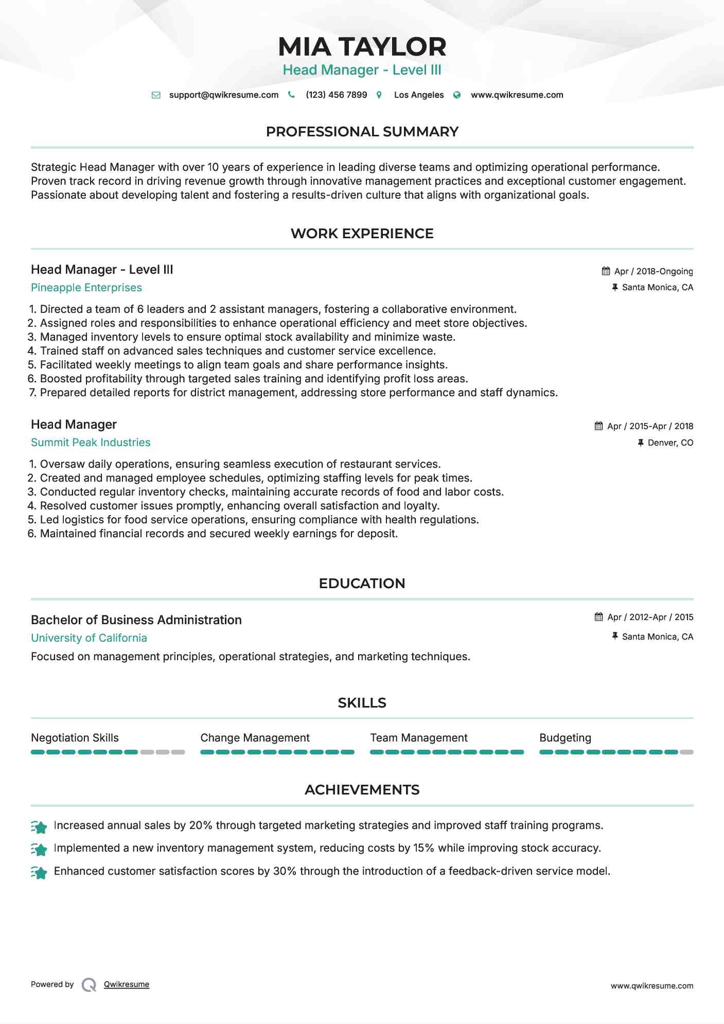 Head Manager - Level III Resume Sample