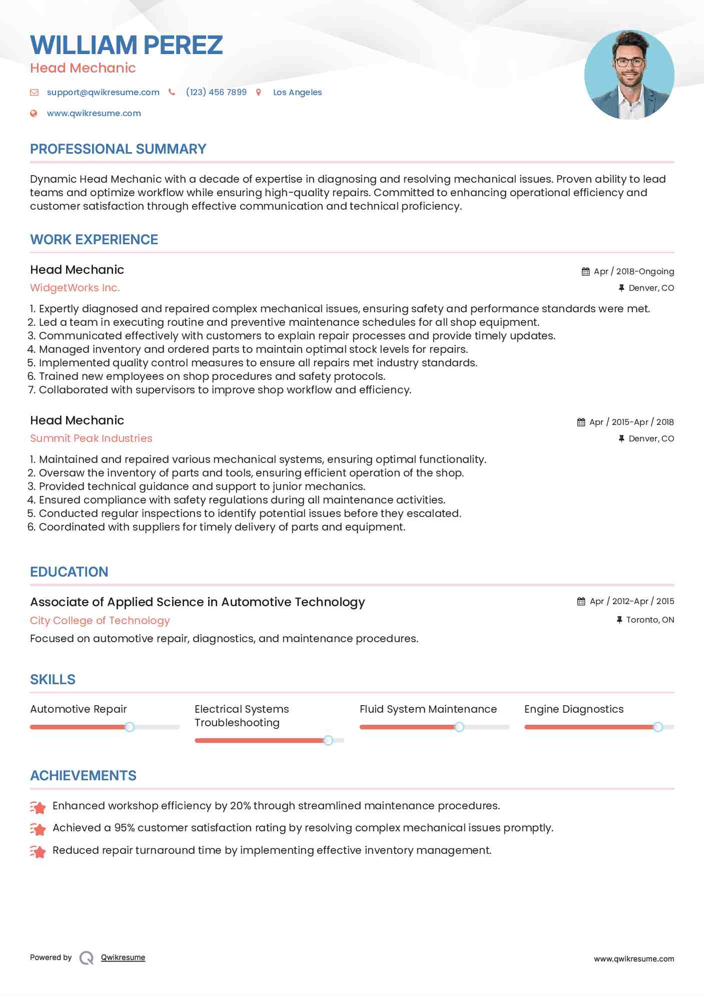 Head Mechanic Resume Sample