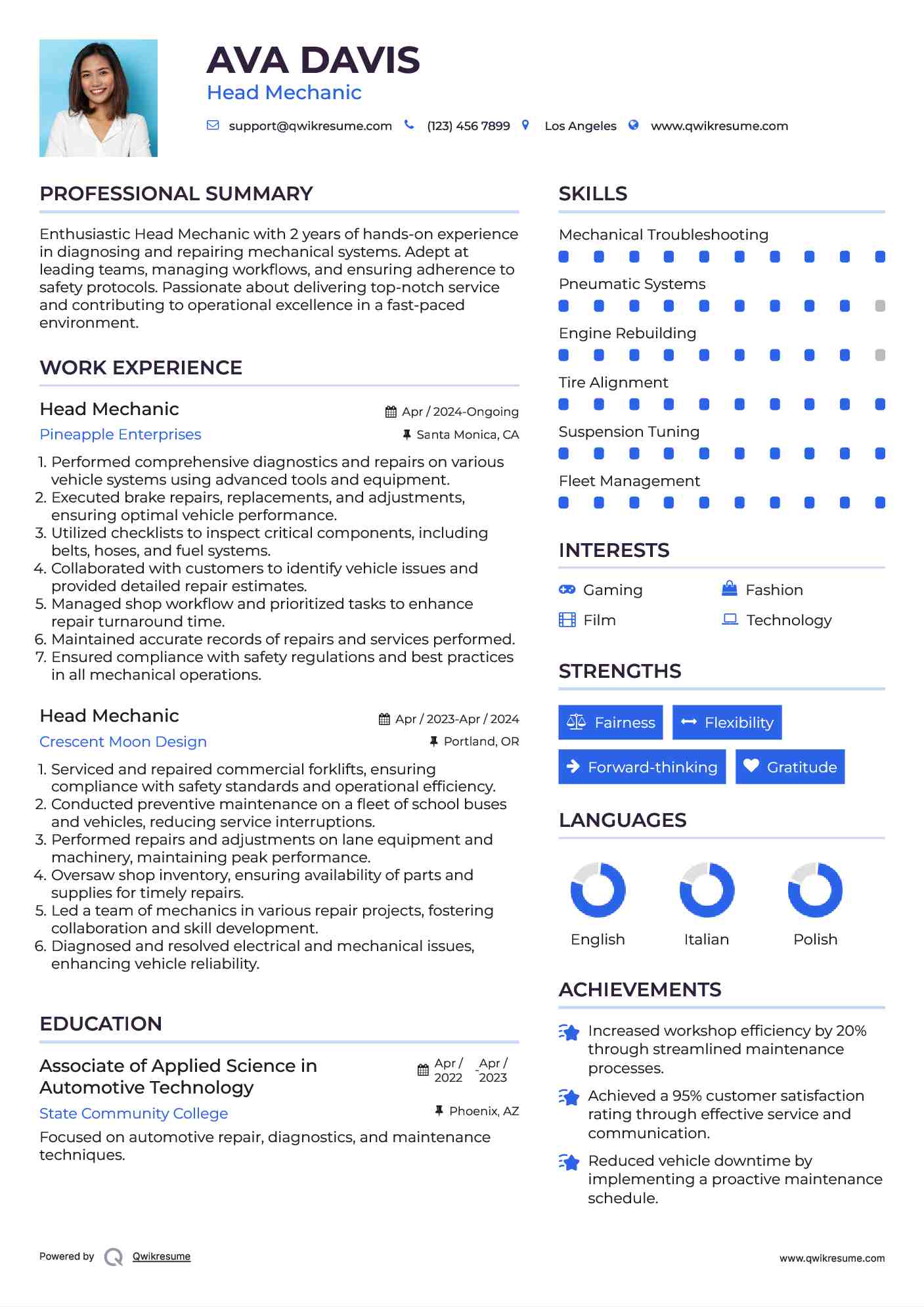 Head Mechanic Resume Format