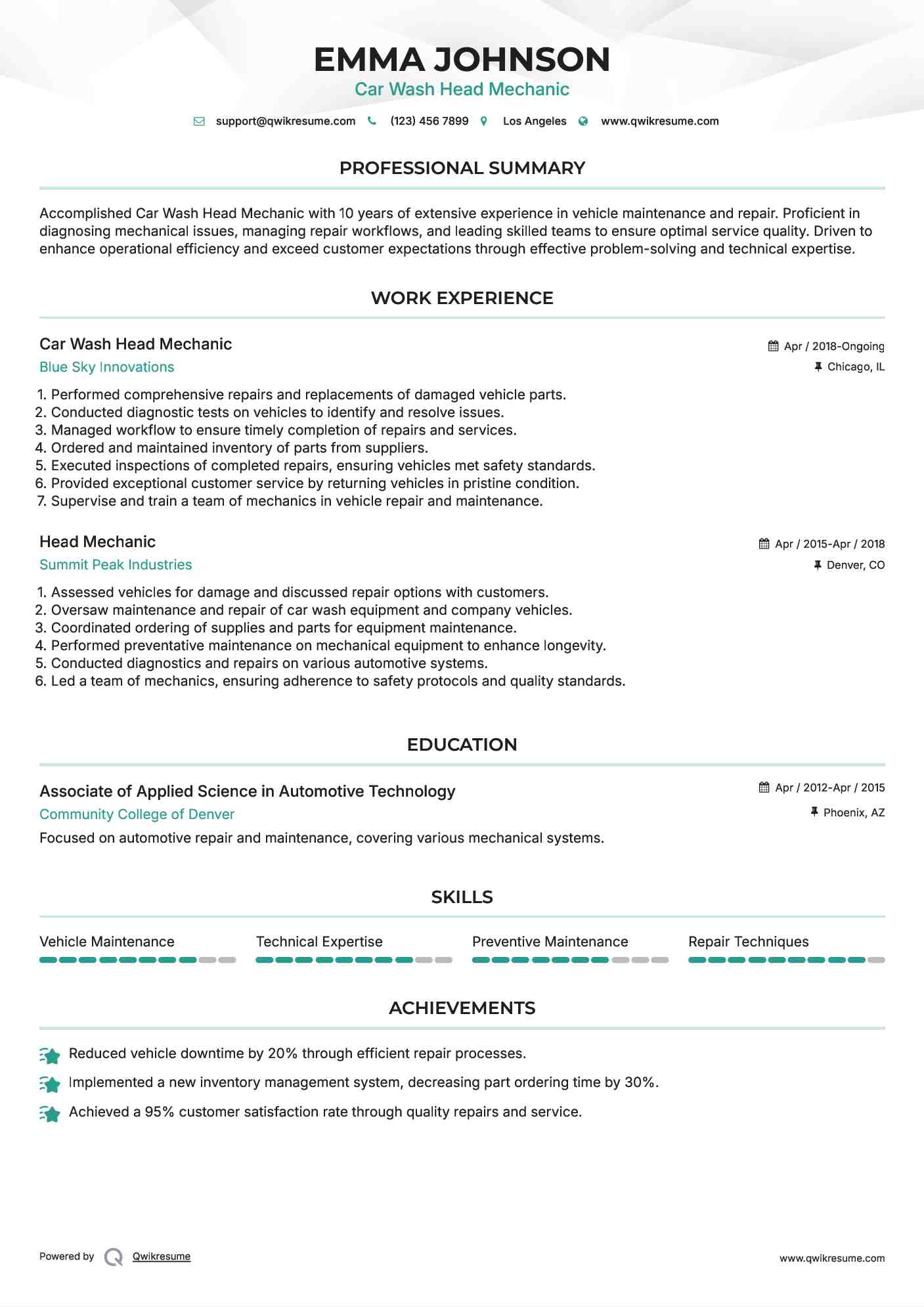 Car Wash Head Mechanic
 Resume Example