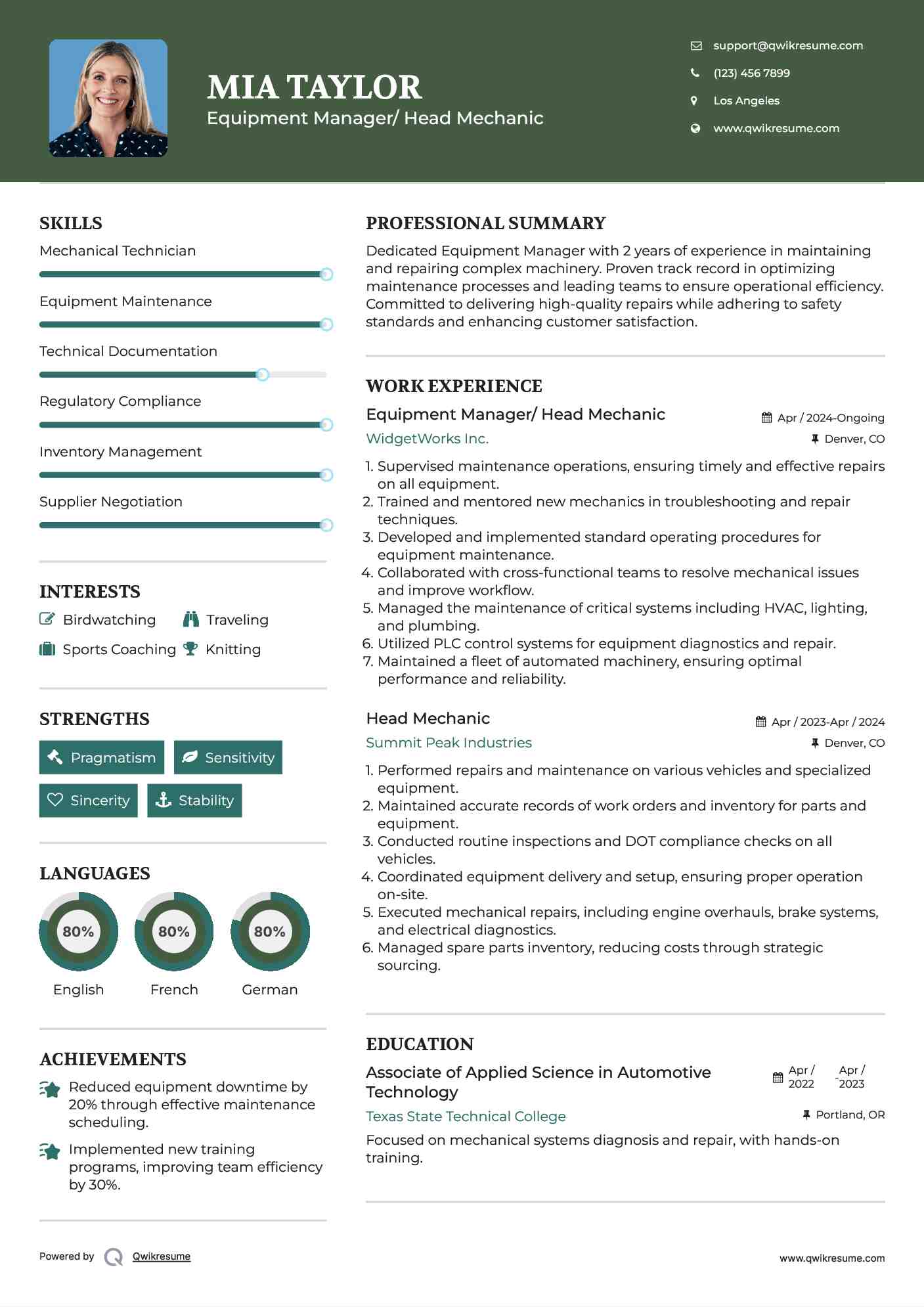 Equipment Manager/ Head Mechanic
 Resume Format