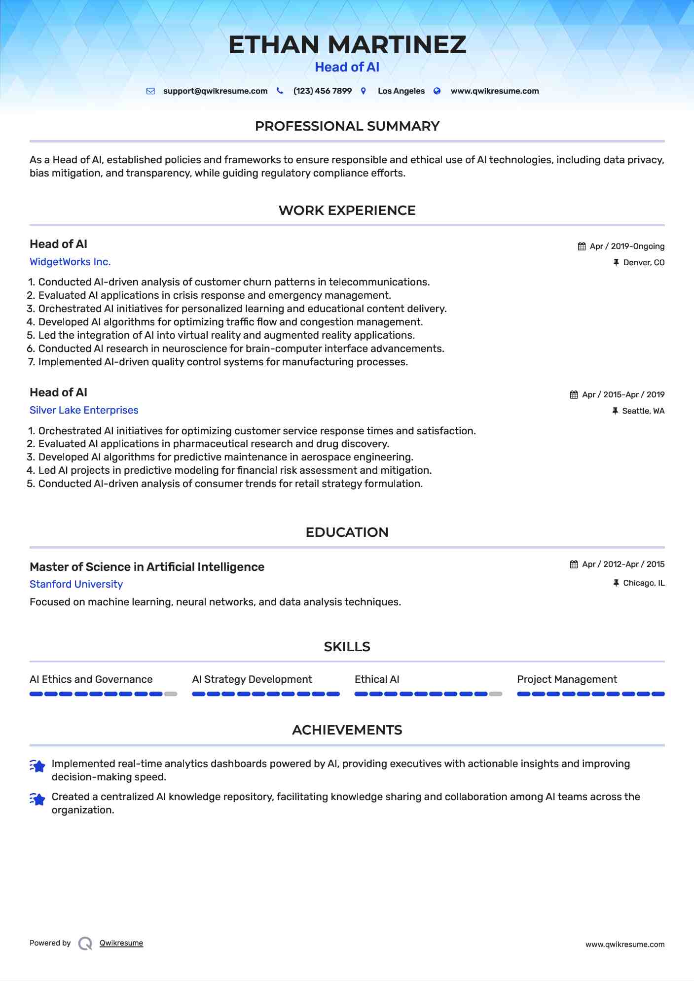 Head of AI Resume Sample