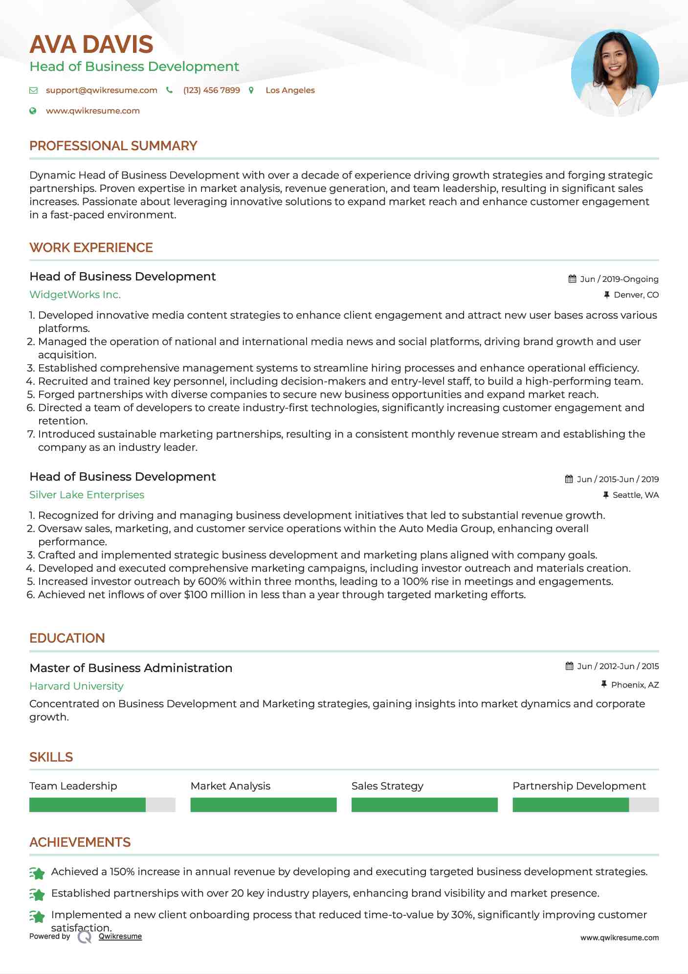 Head of Business Development Resume Sample