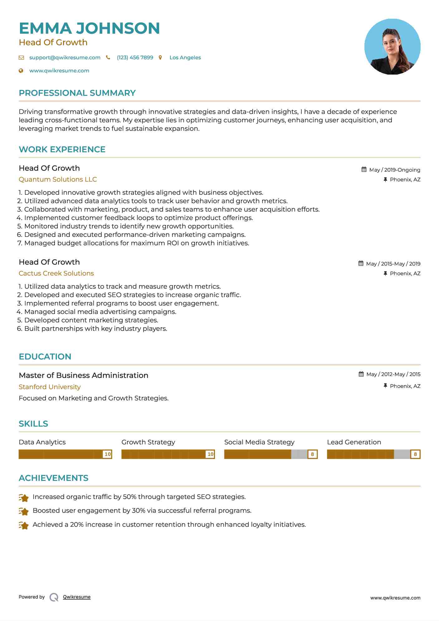 Head Of Growth Resume Template