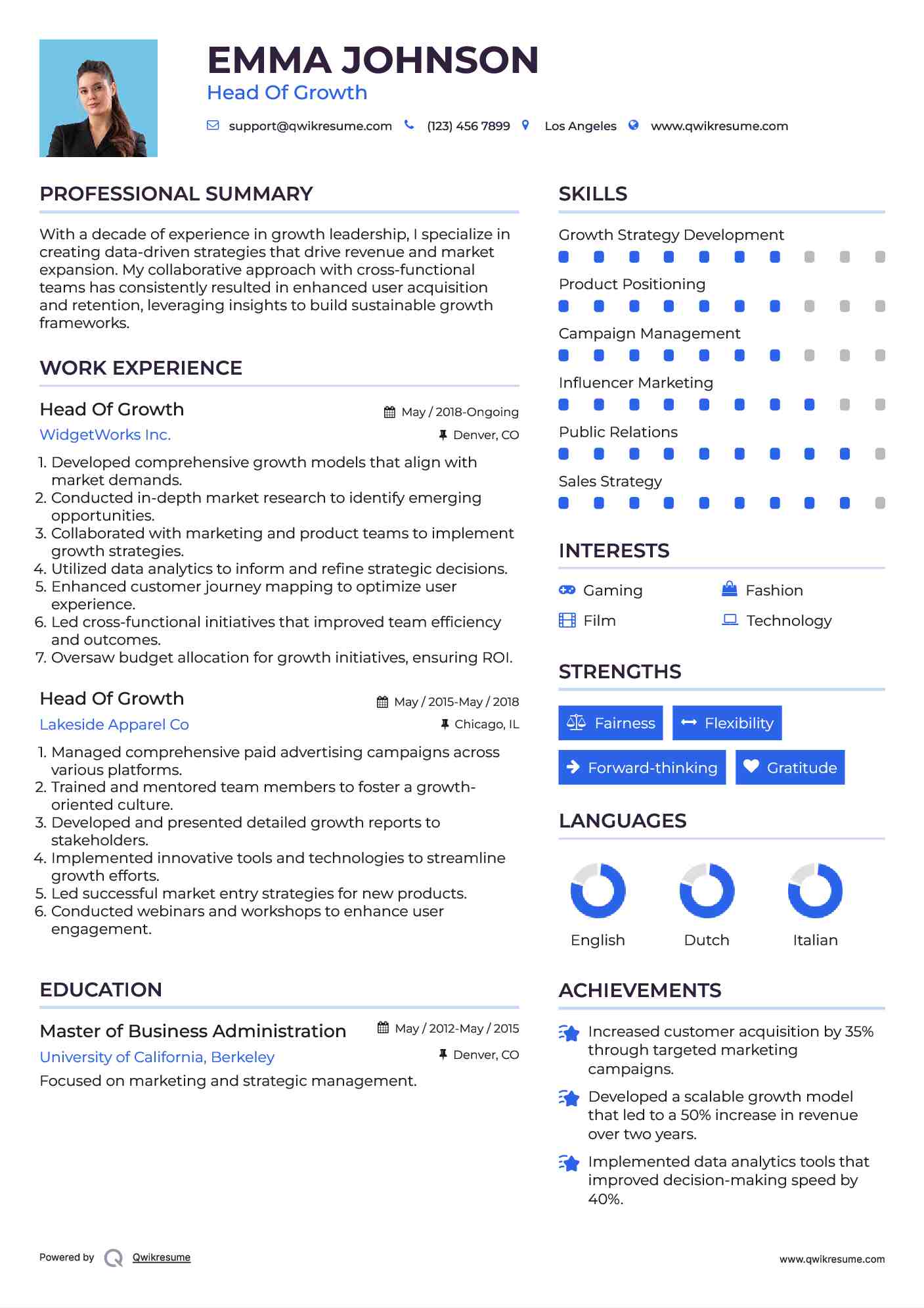 Head Of Growth Resume Model