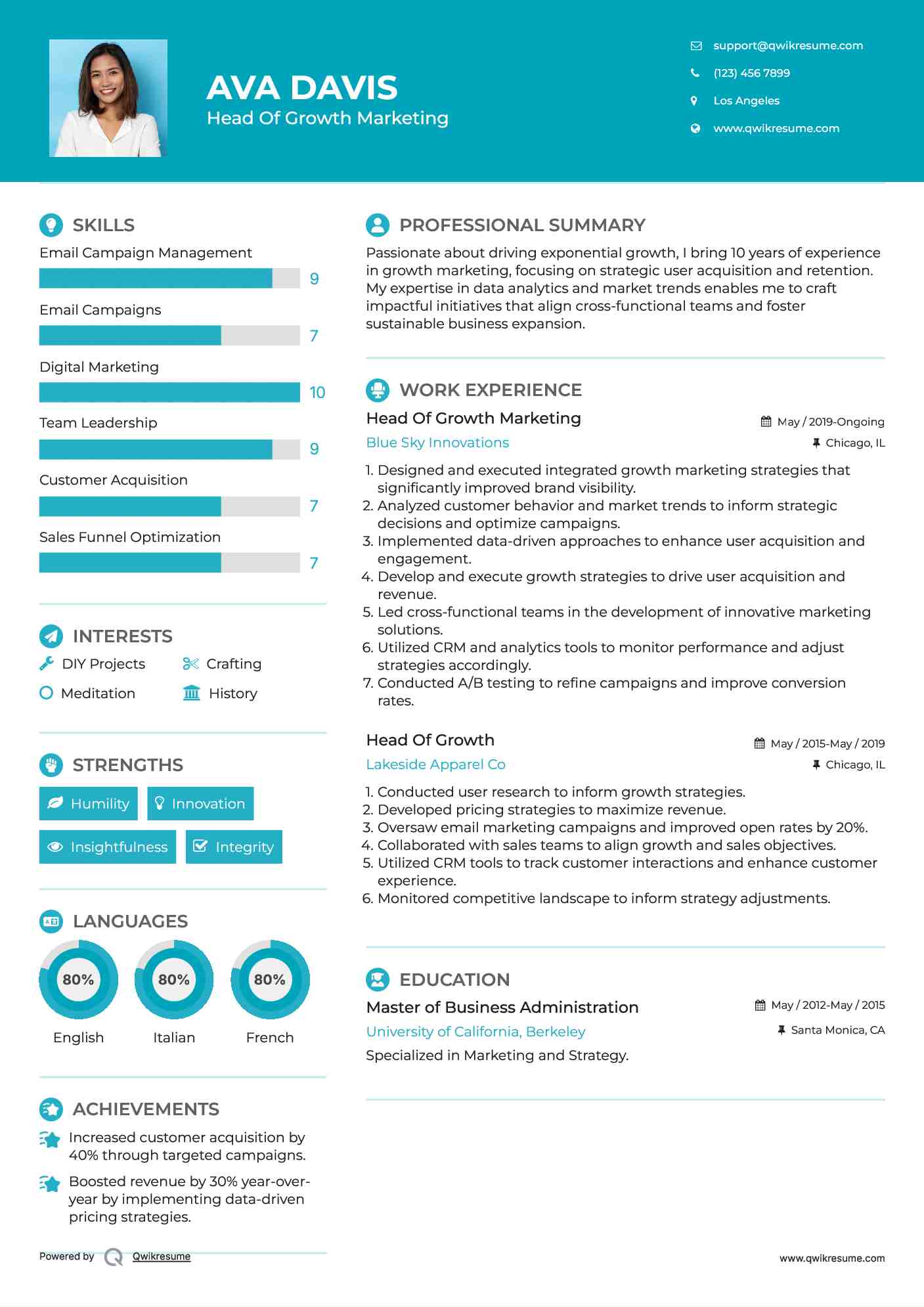 Head Of Growth Marketing Resume Example