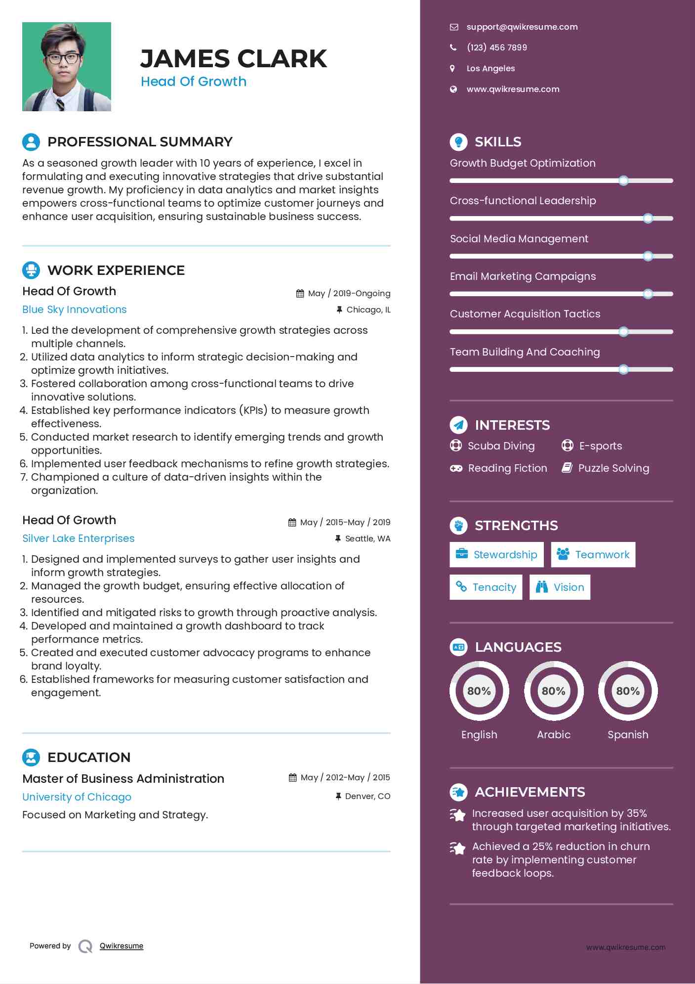 Head Of Growth Resume Template