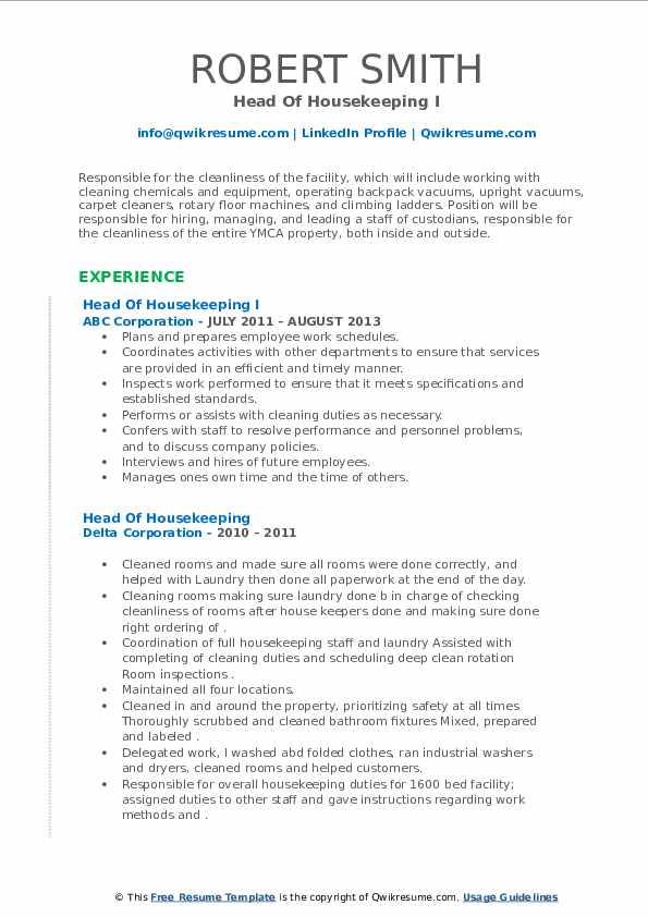 Head Of Housekeeping Resume Samples QwikResume