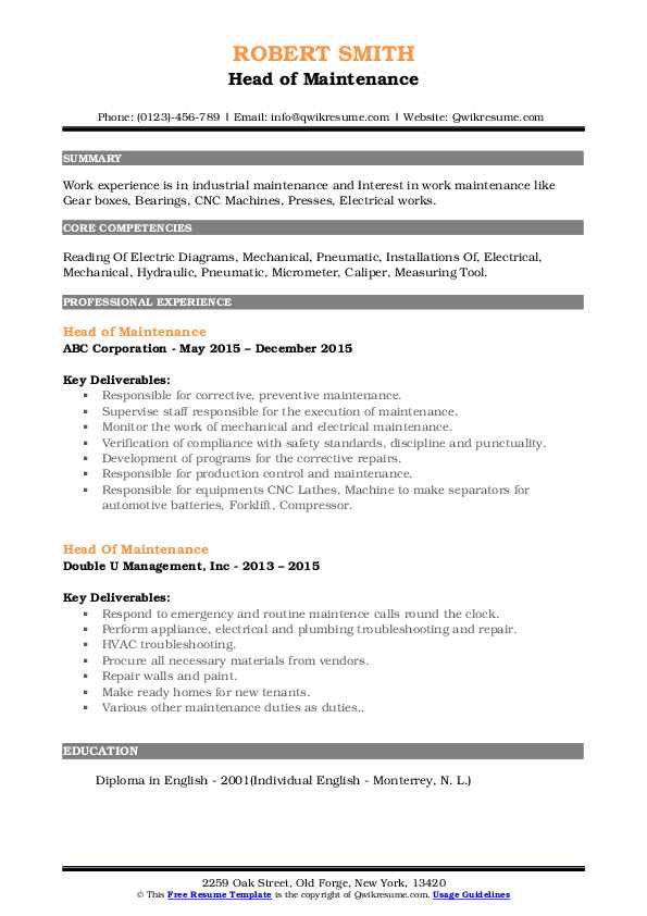 Head Of Maintenance Resume Samples QwikResume