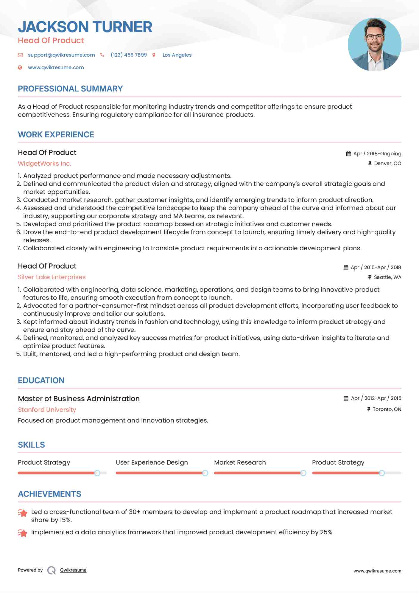 Head Of Product Resume Template
