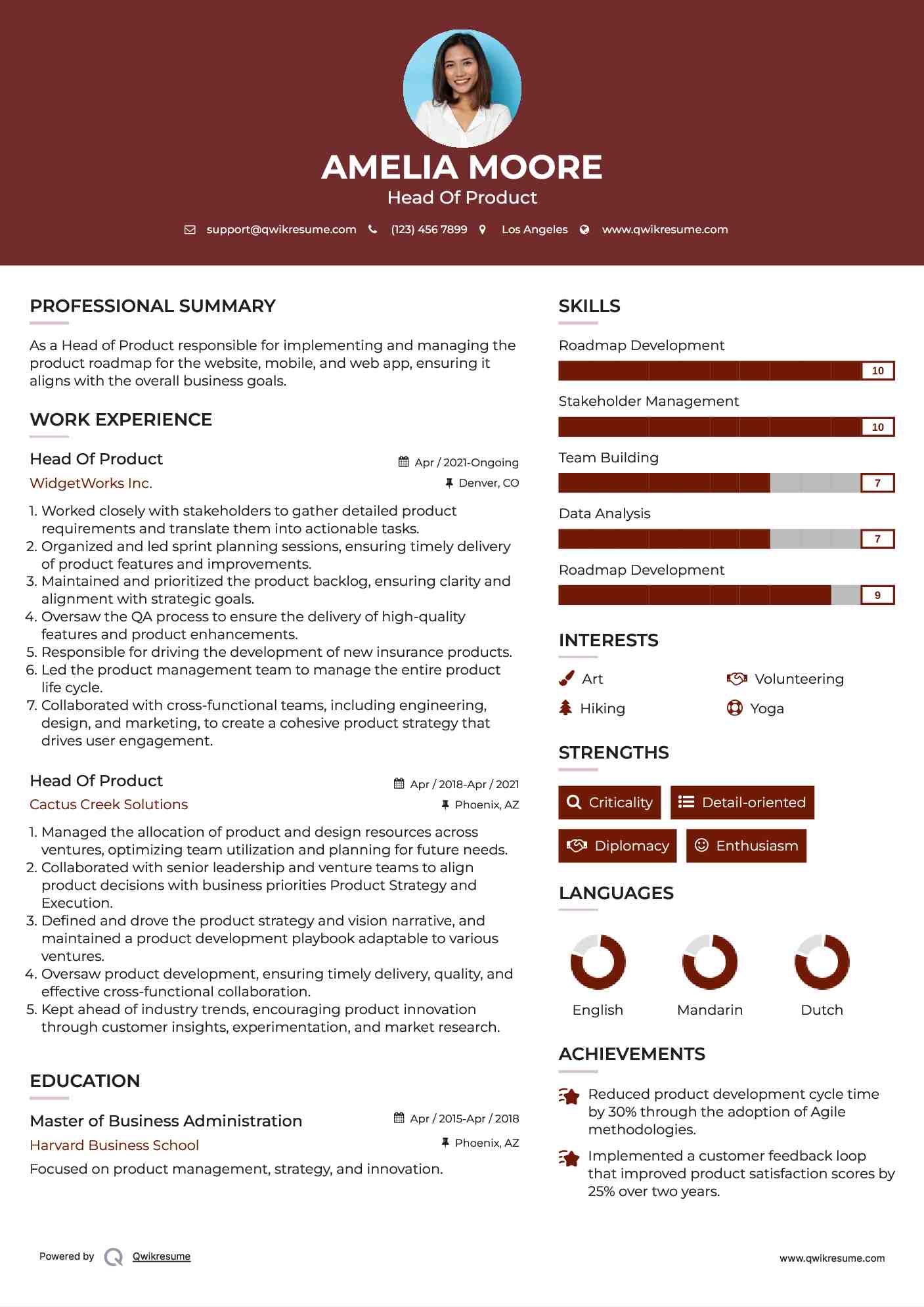 Head Of Product Resume Format