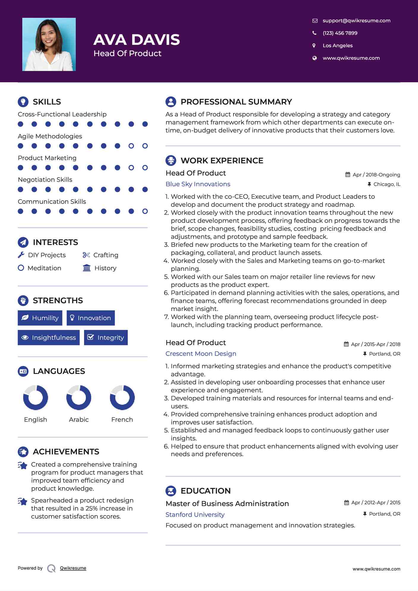 Head Of Product Resume Sample