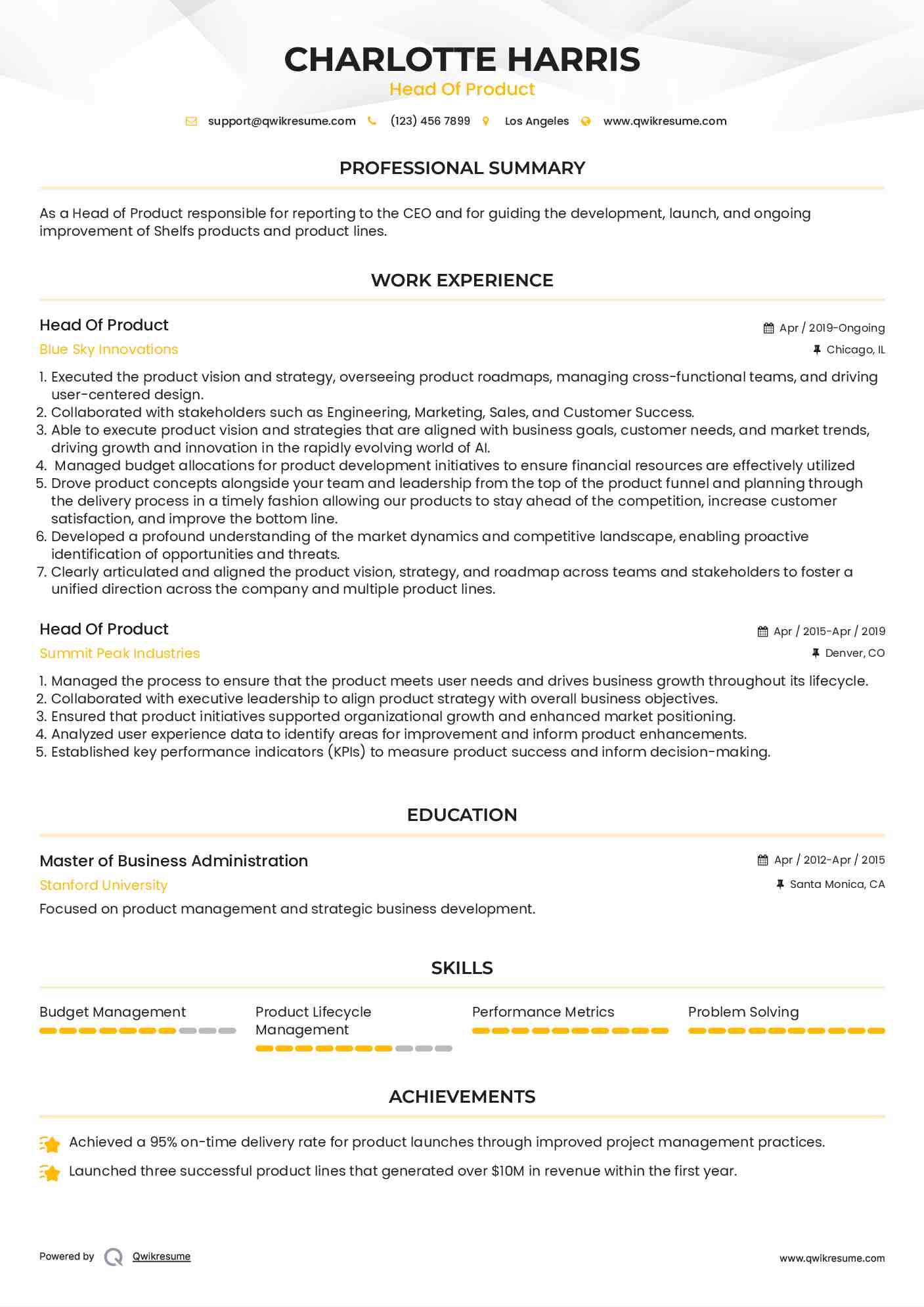Head Of Product Resume Model