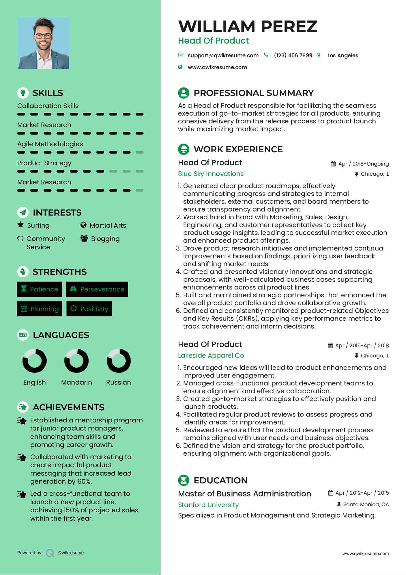 Head Of Product Resume Model