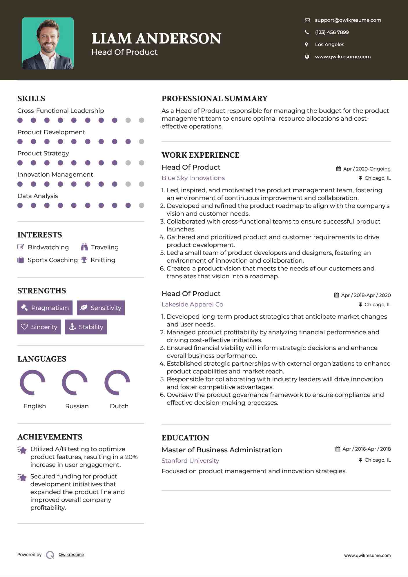 Head Of Product Resume Template