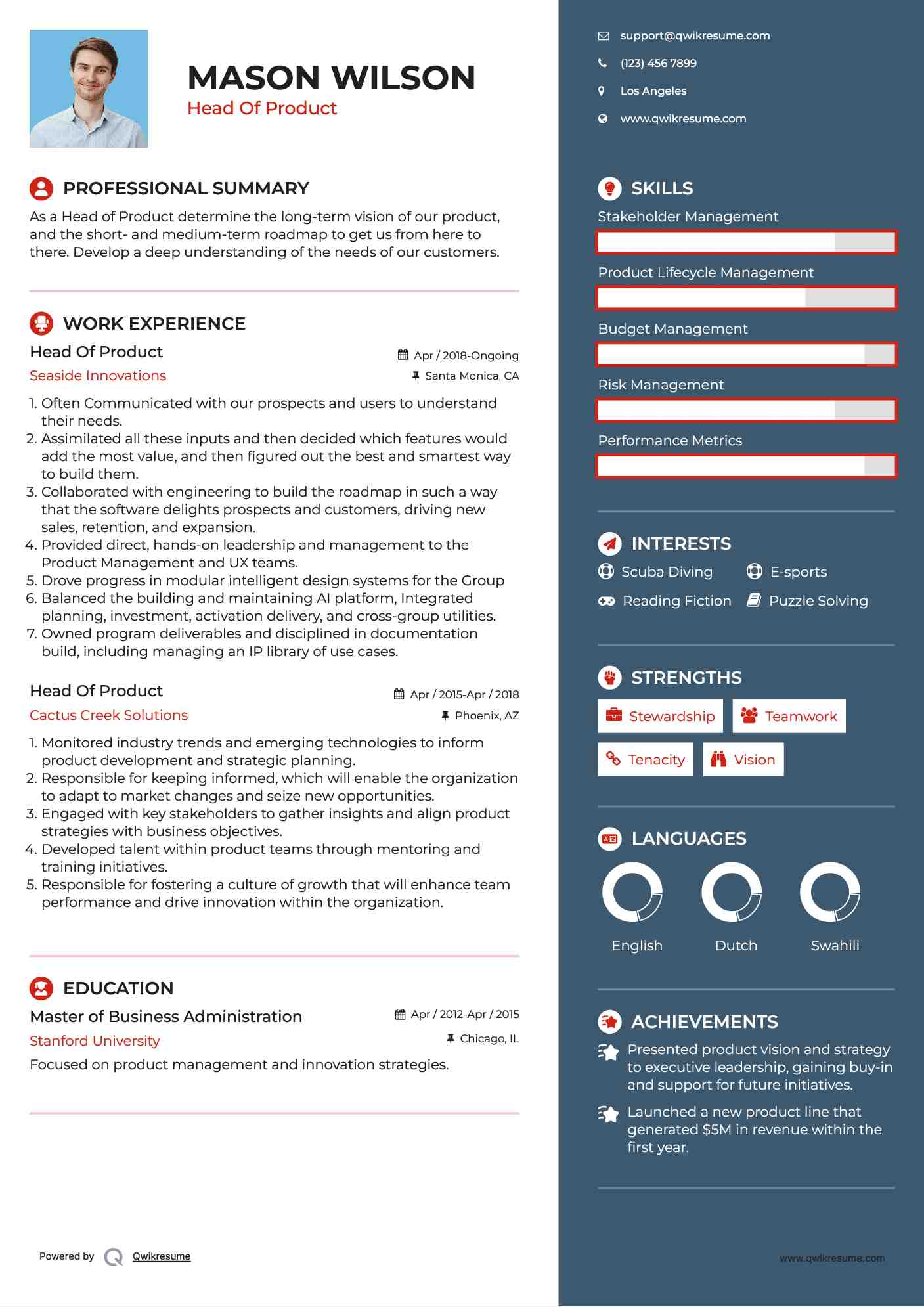 Head Of Product Resume Example