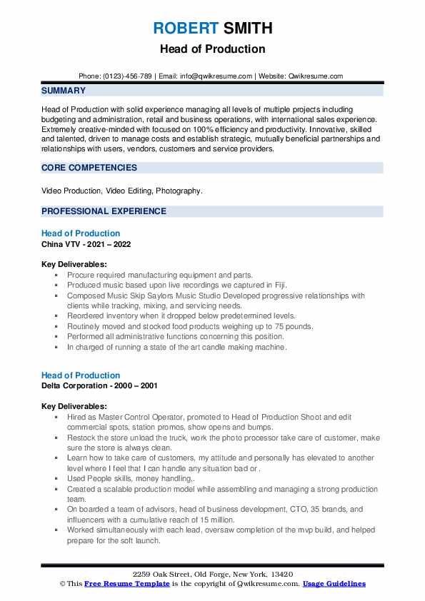 Head of Production Resume Samples QwikResume