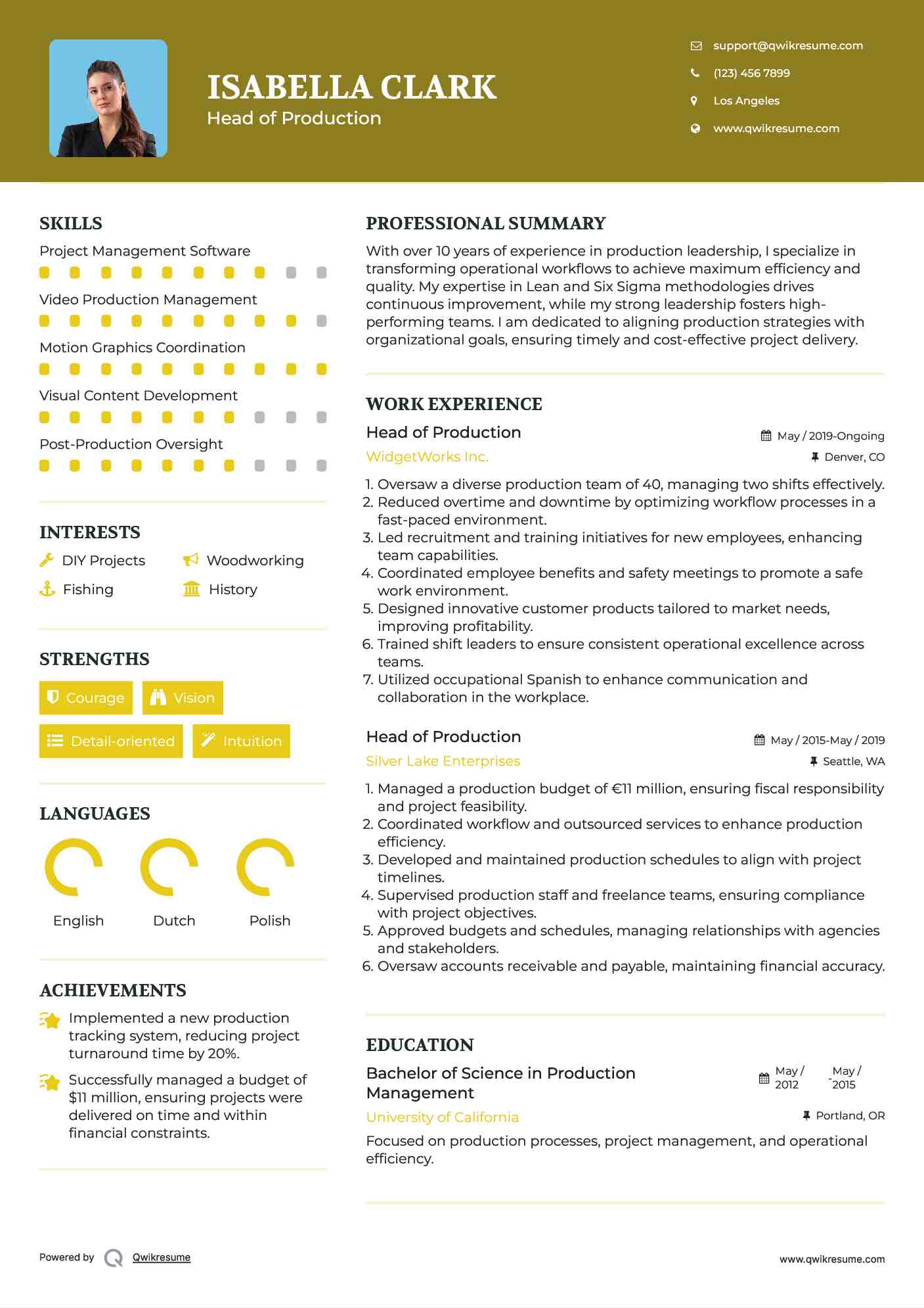 Head of Production Resume Format