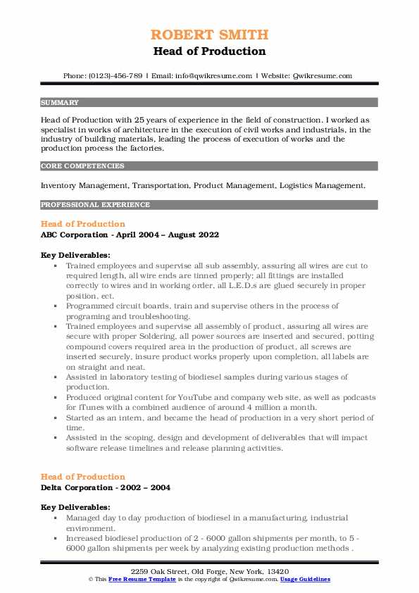 Head of Production Resume Samples | QwikResume