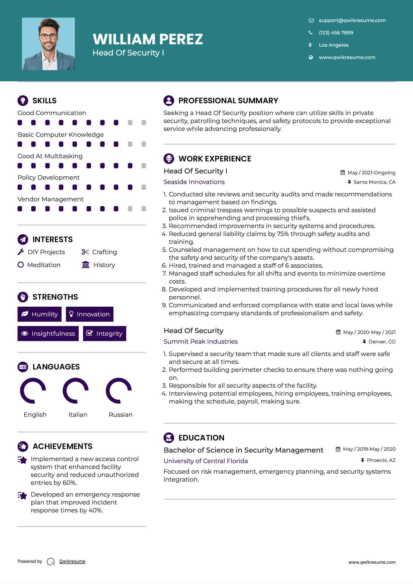 Head Of Security  I Resume Sample