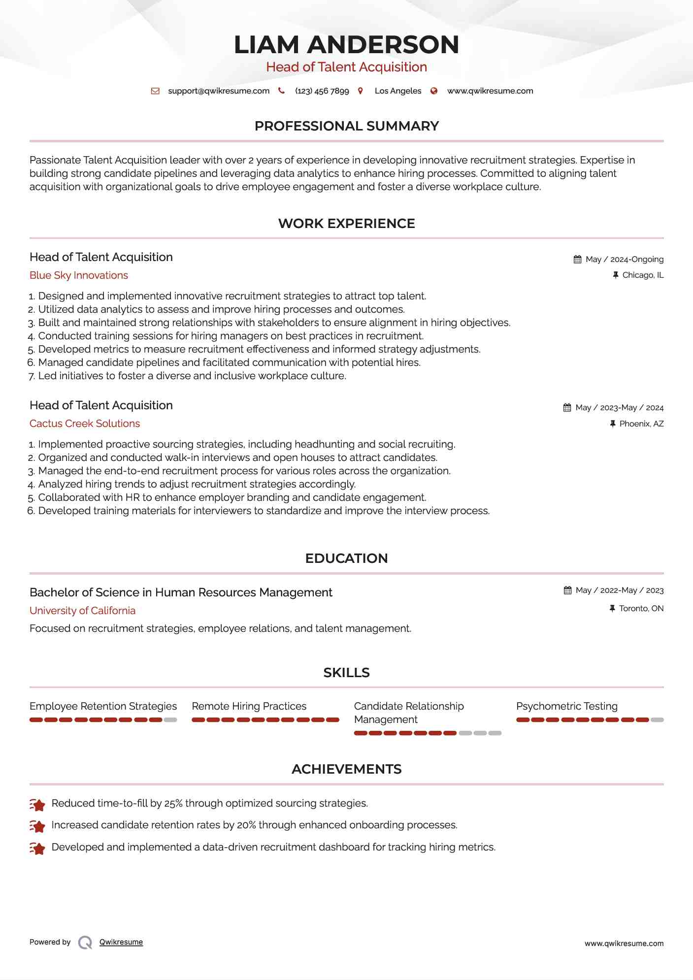 Head of Talent Acquisition Resume Sample