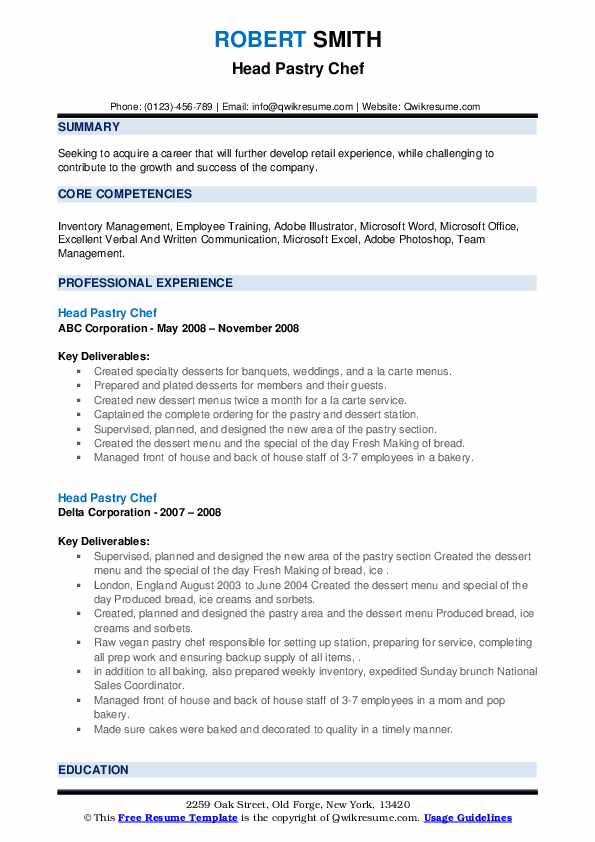 Head Pastry Chef Resume Samples QwikResume