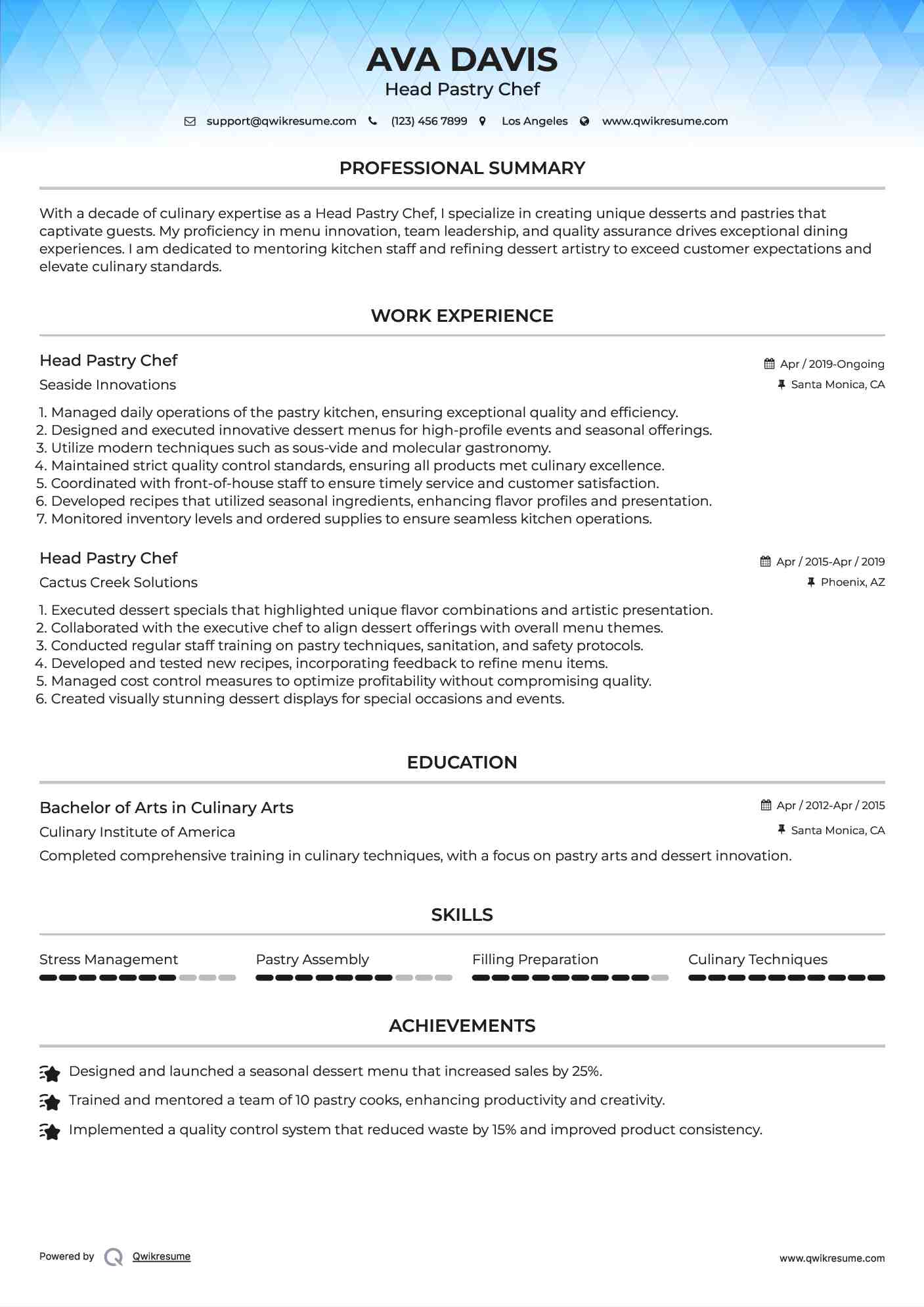 Head Pastry Chef Resume Template