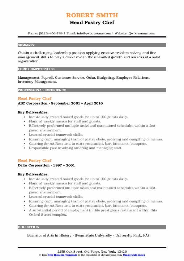 Head Pastry Chef Resume Samples QwikResume